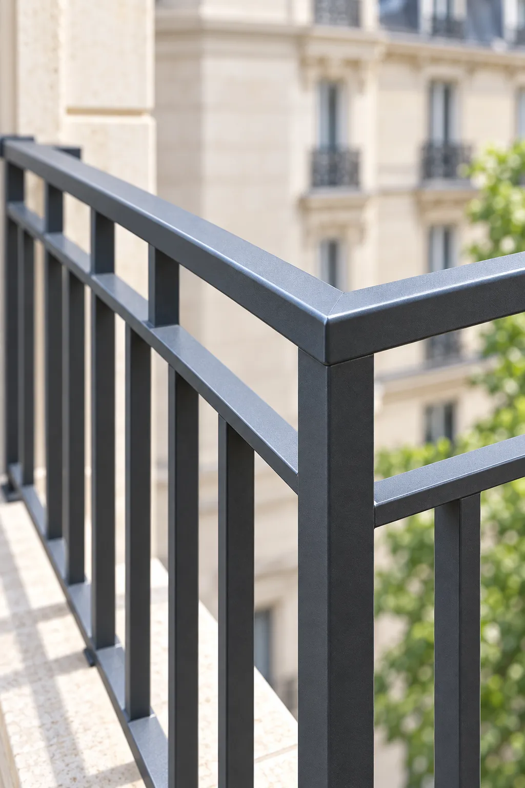Angle soudé d'un garde-corps en acier anthracite sur un balcon parisien
