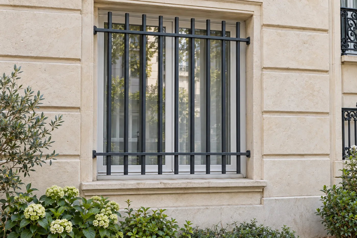 Grille de défense en acier anthracite posée sur une fenêtre de rez-de-chaussée d'un immeuble en pierre
