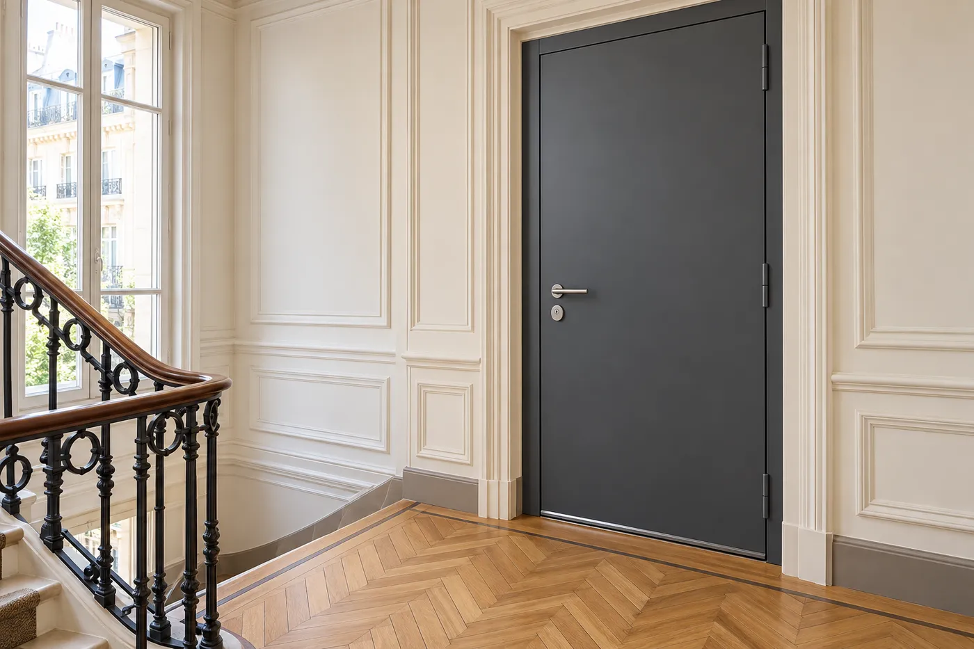 Porte blindée gris graphite posée sur le palier d'un immeuble parisien