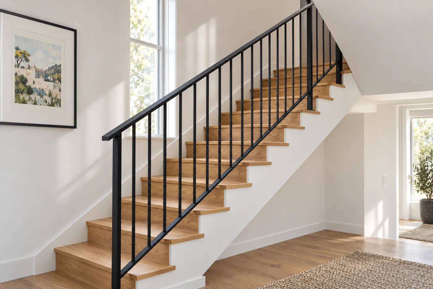 Rampe et garde-corps en acier noir sur un escalier en chêne d'appartement